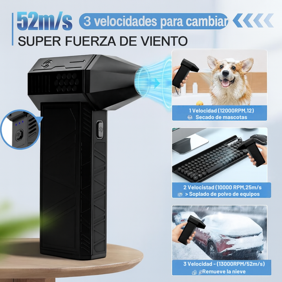 AirMax Turbo®️: Potente, portátil y sin cables. Perfecto para eliminar polvo y suciedad en segundos.