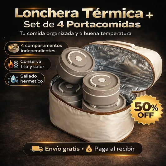 Lonchera Térmica + Set de 4 Portacomidas Herméticos para Llevar tu Almuerzo Organizado
